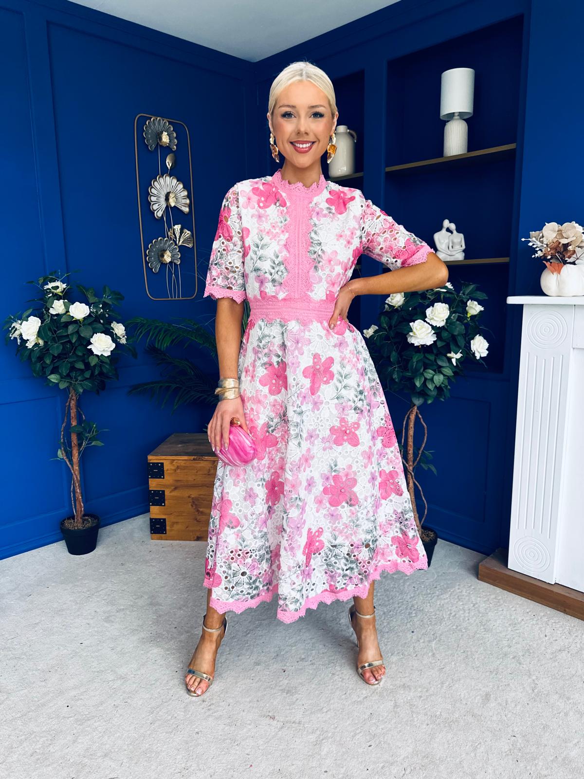 Kylie Floral Lace Occasion Dress Pink