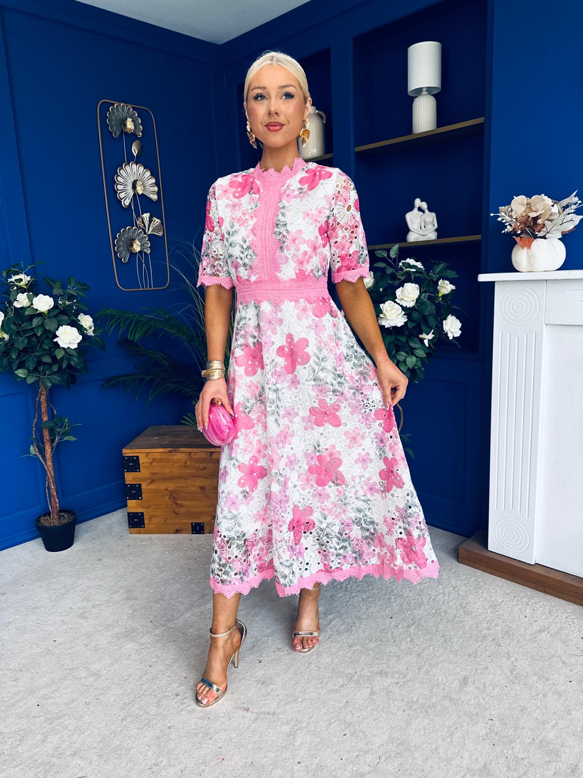 Kylie Floral Lace Occasion Dress Pink