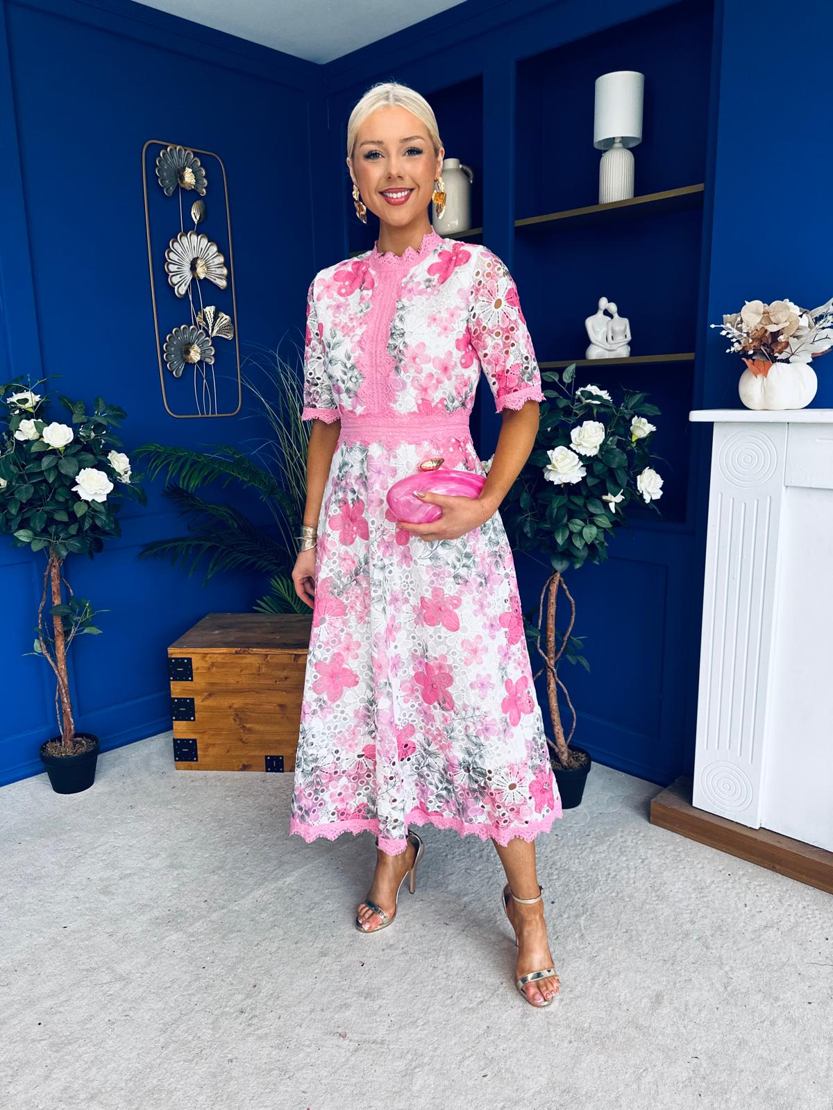 Kylie Floral Lace Occasion Dress Pink