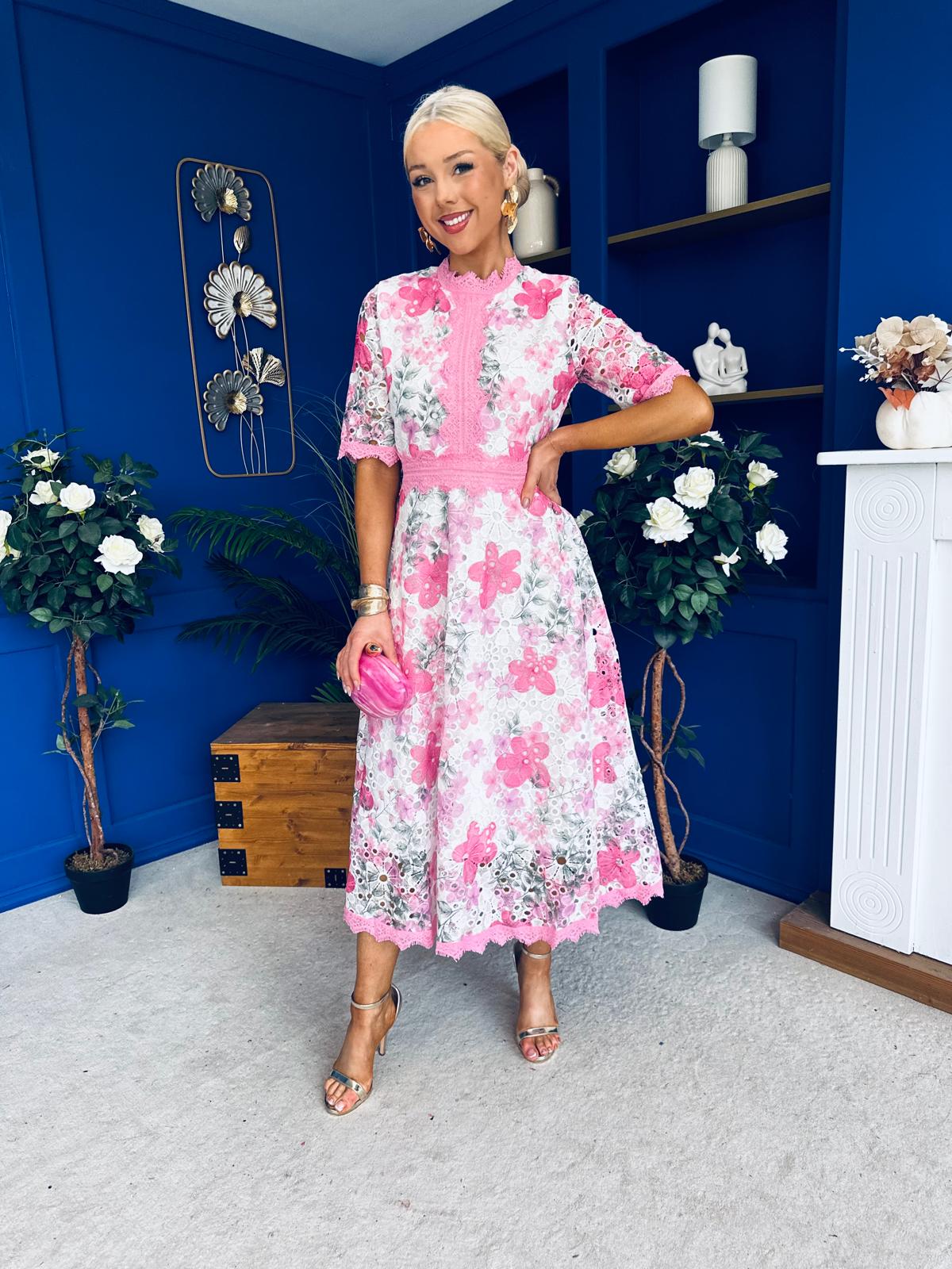 Kylie Floral Lace Occasion Dress Pink
