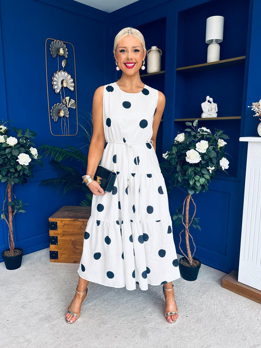 Samantha Tiered Midi Dress Polka White