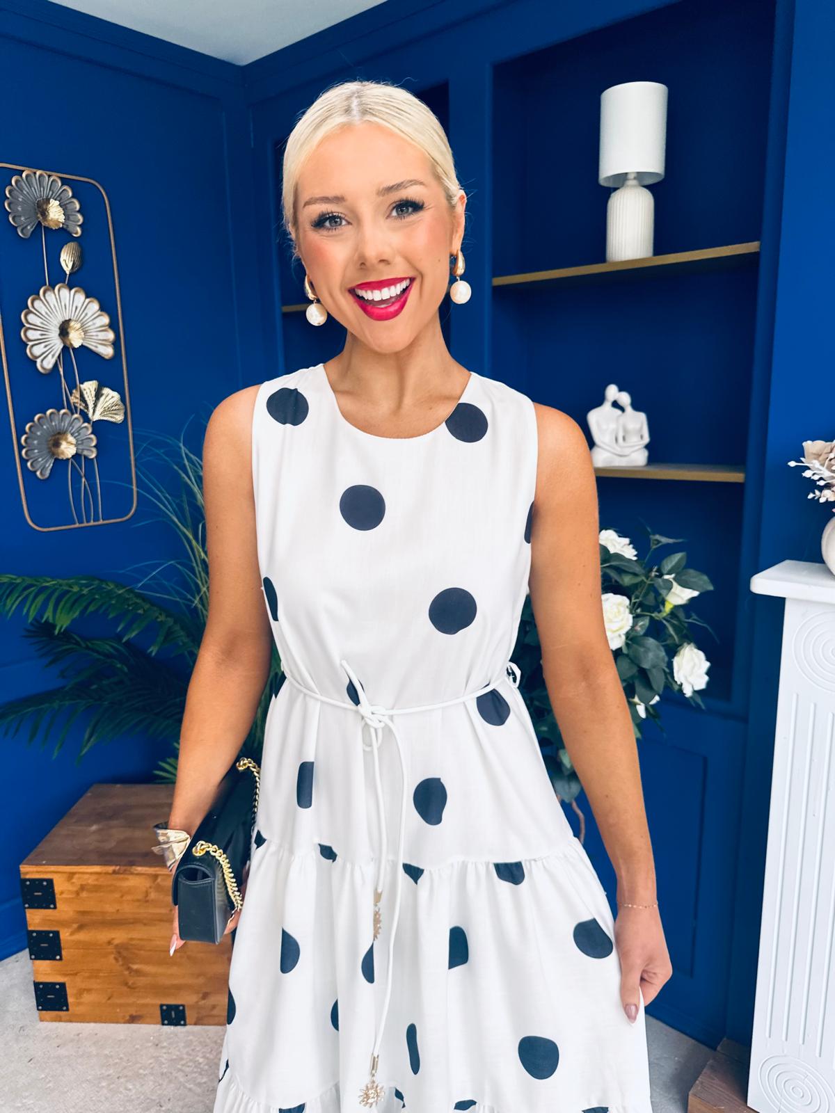 Samantha Tiered Midi Dress Polka White