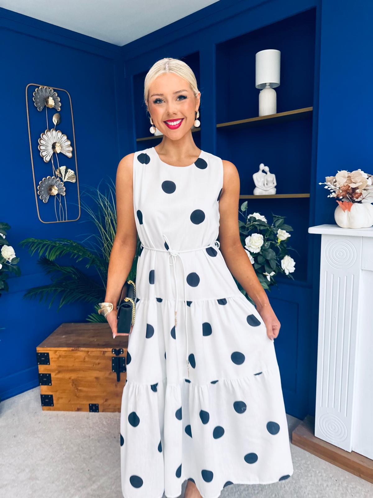 Samantha Tiered Midi Dress Polka White