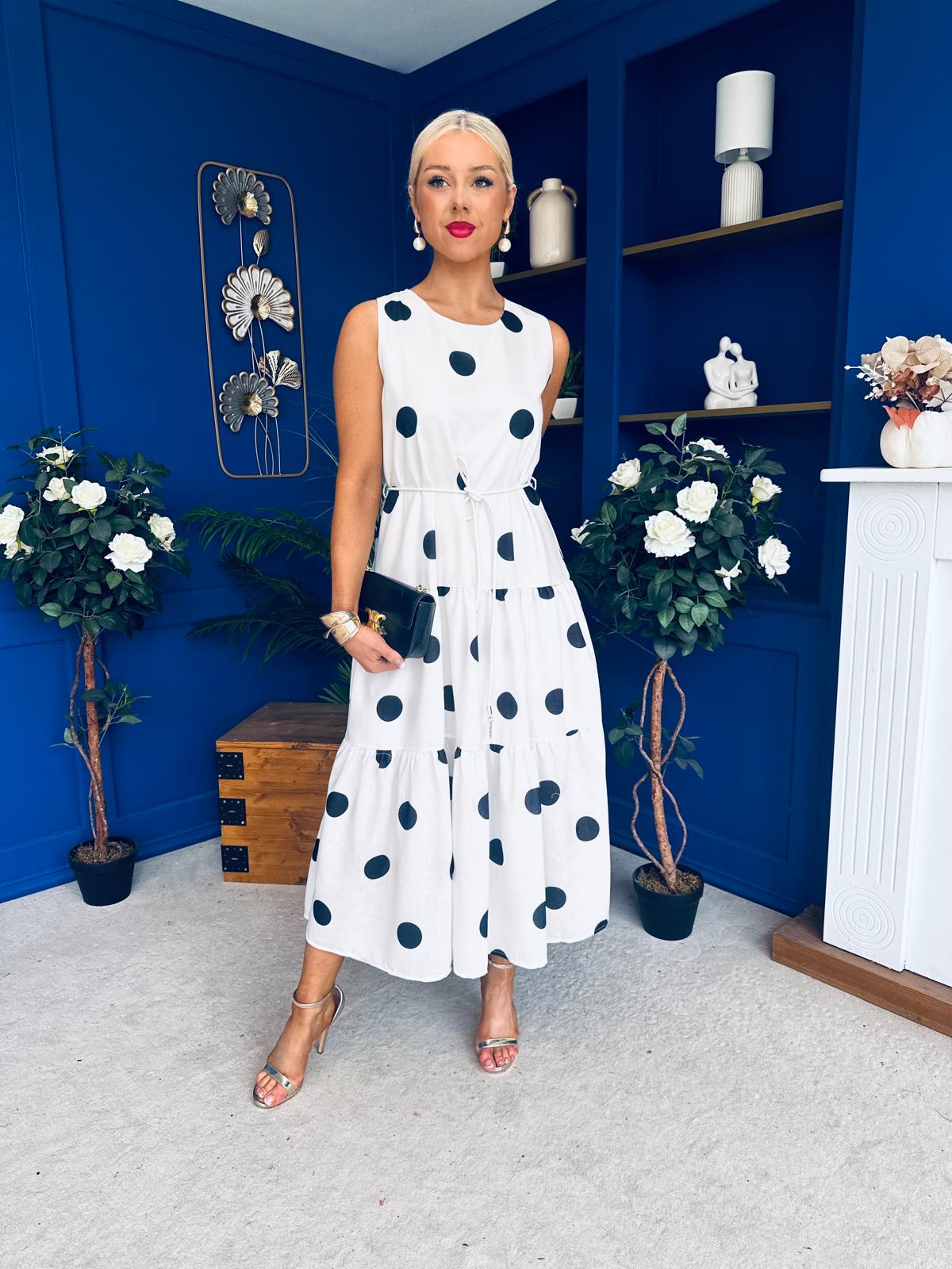 Samantha Tiered Midi Dress Polka White