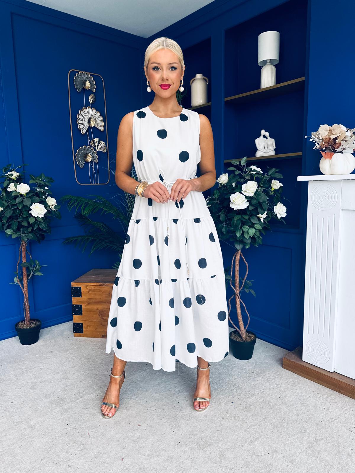 Samantha Tiered Midi Dress Polka White