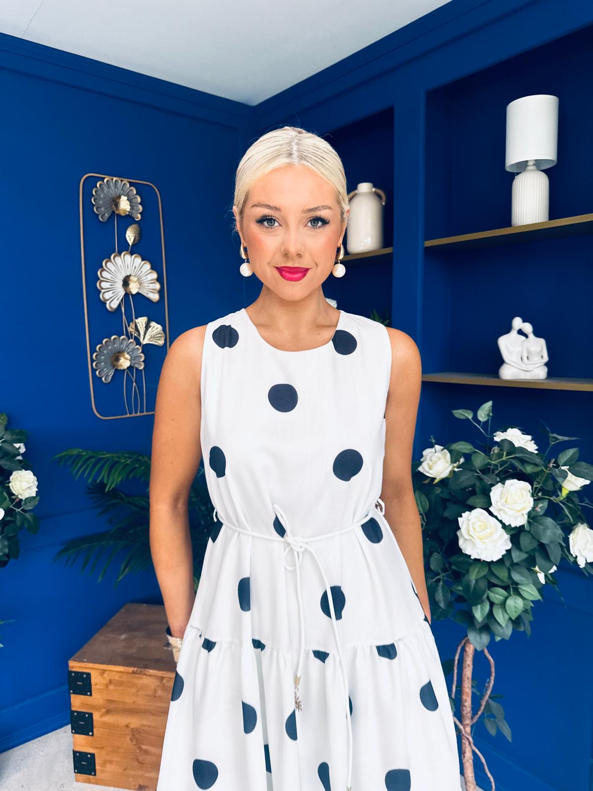 Samantha Tiered Midi Dress Polka White