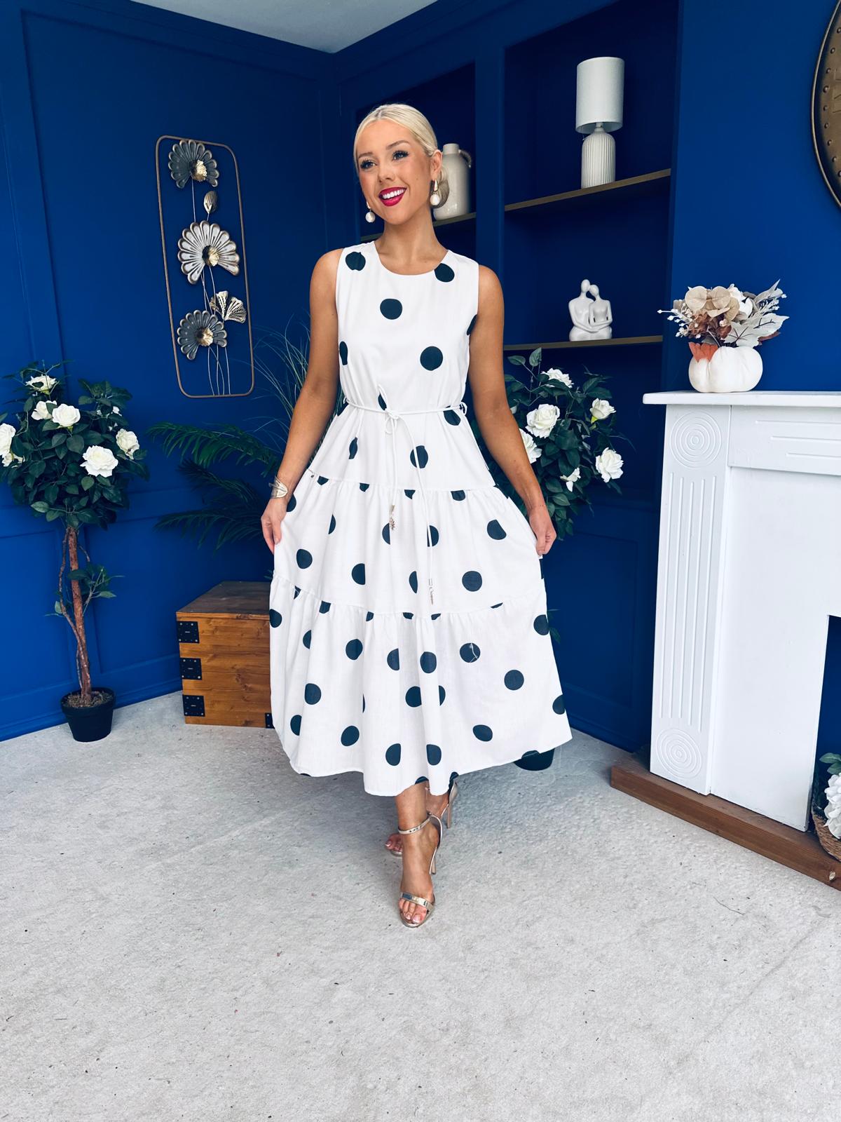Samantha Tiered Midi Dress Polka White