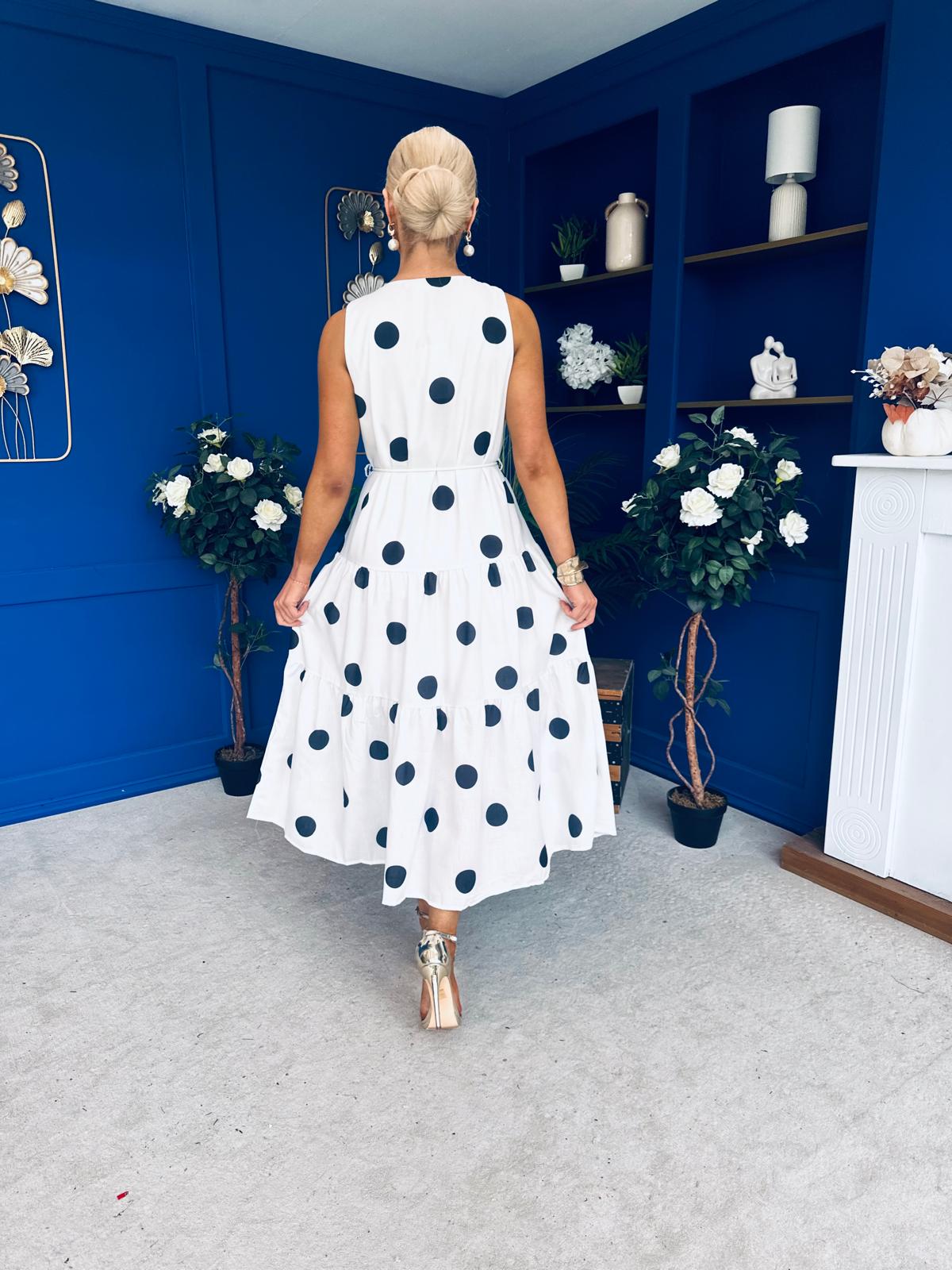 Samantha Tiered Midi Dress Polka White