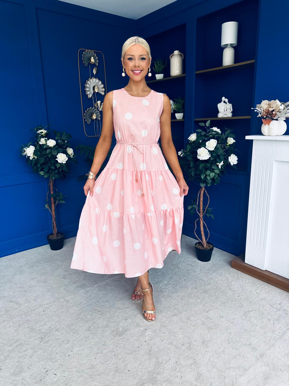 Samantha Tiered Midi Dress Polka Pink