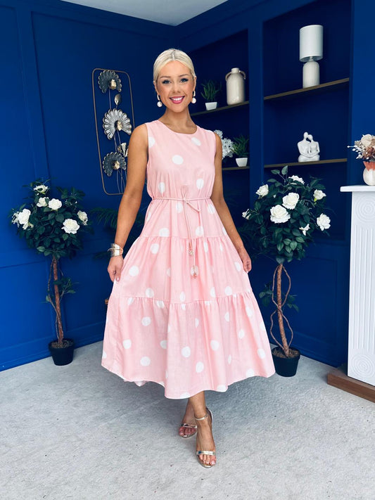 Samantha Tiered Midi Dress Polka Pink