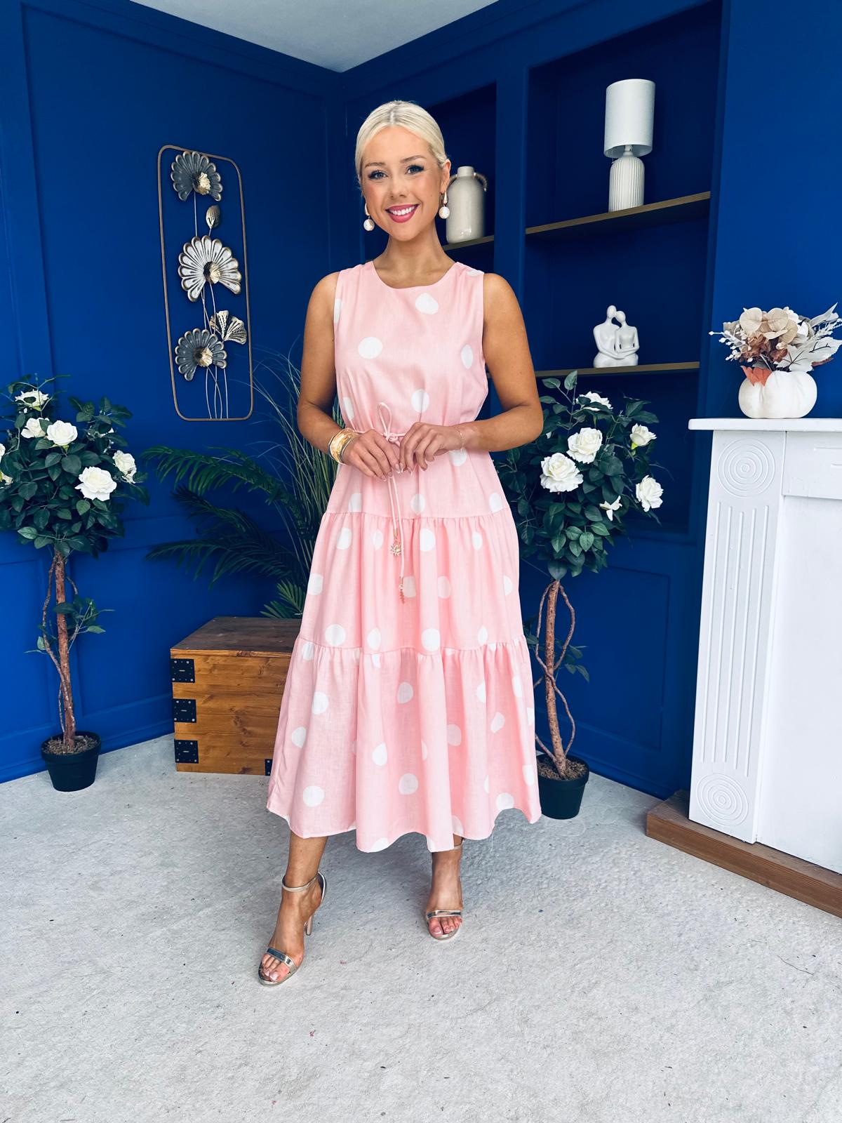 Samantha Tiered Midi Dress Polka Pink