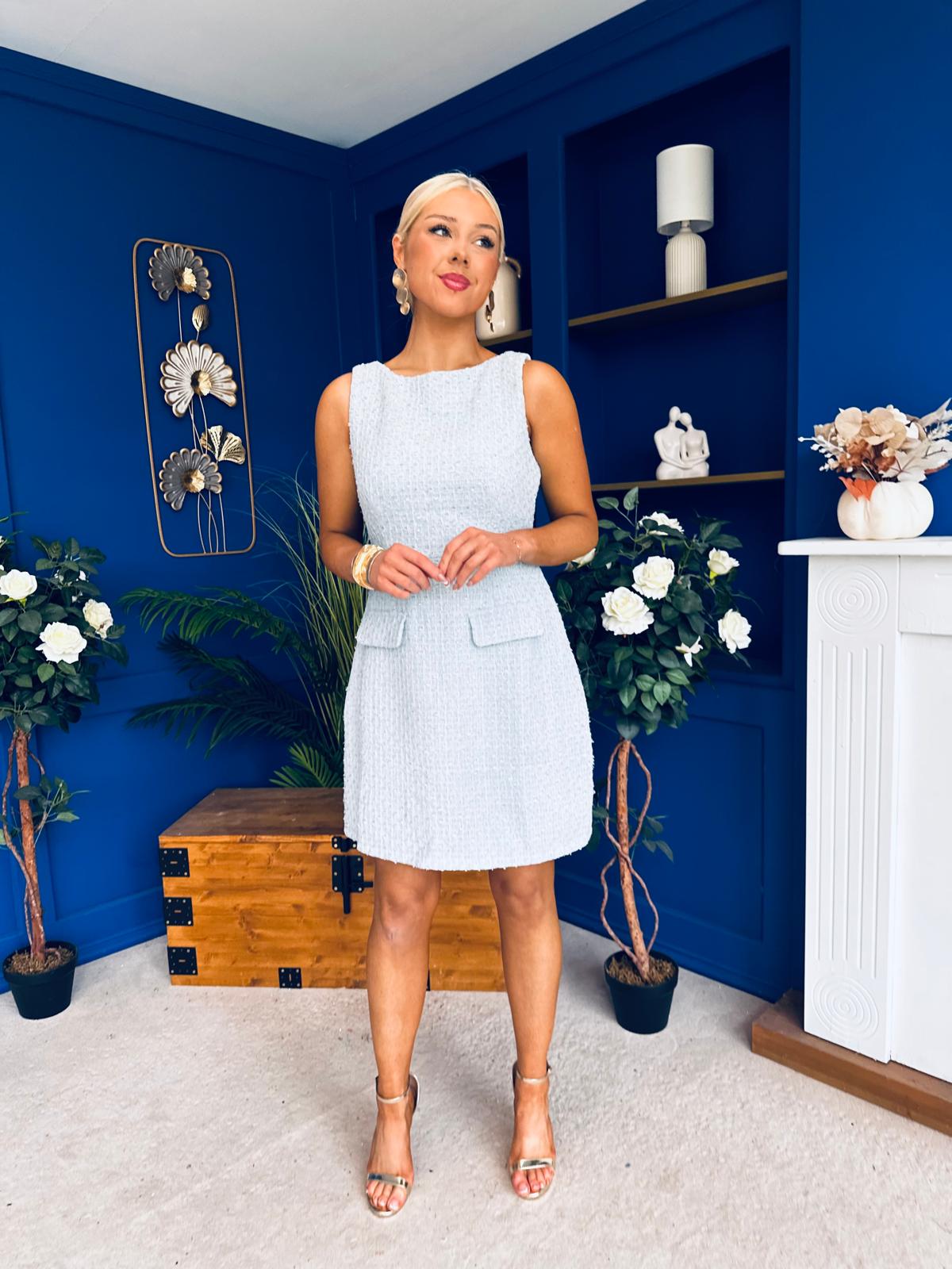 Athenia Pocket Detail Tweed Mini Dress Blue