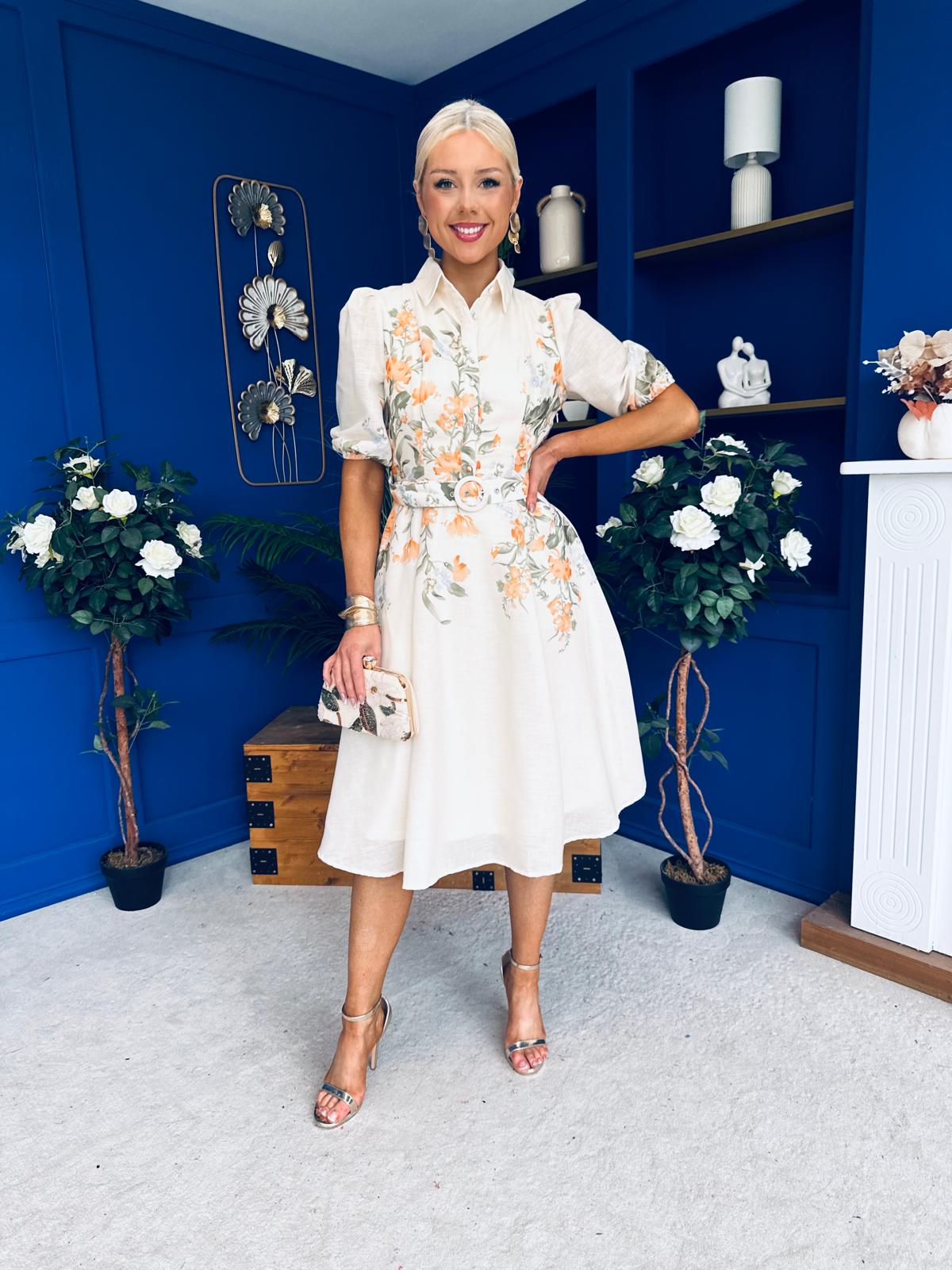 Renata Floral Boarder Print Print Midi Dress Cream
