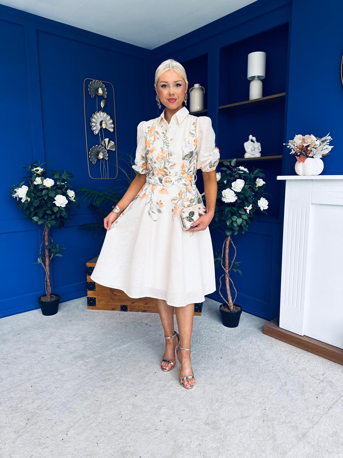 Renata Floral Boarder Print Print Midi Dress Cream