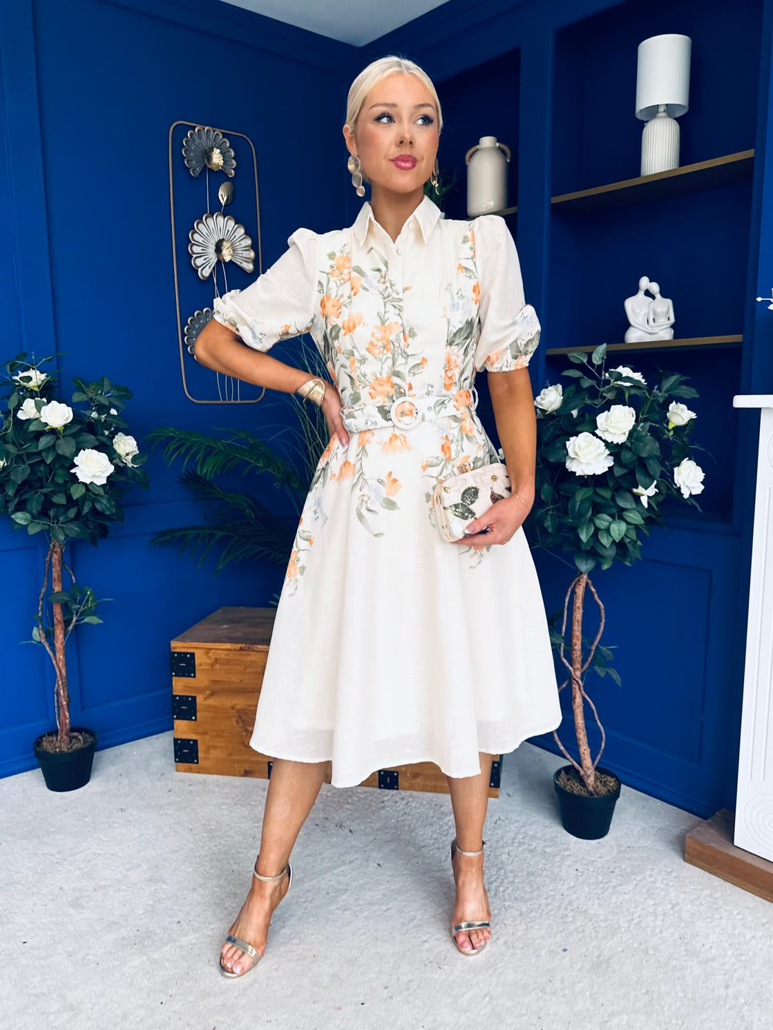 Renata Floral Boarder Print Print Midi Dress Cream