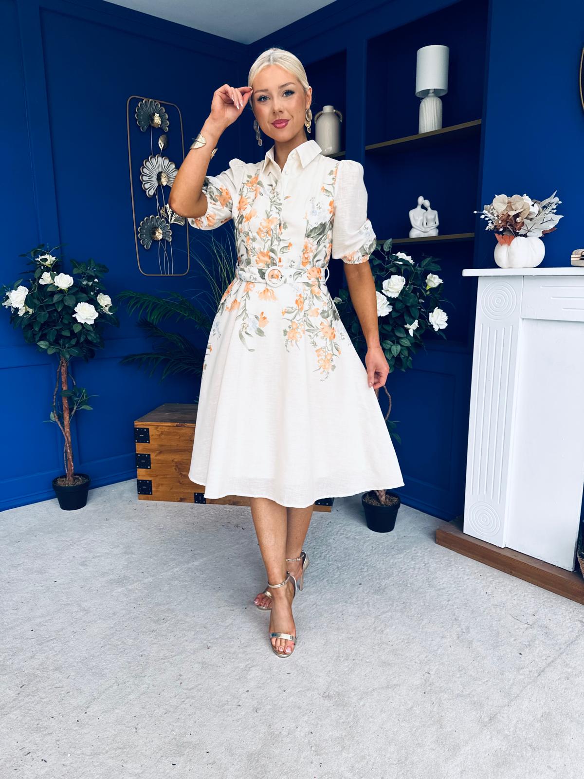 Renata Floral Boarder Print Print Midi Dress Cream