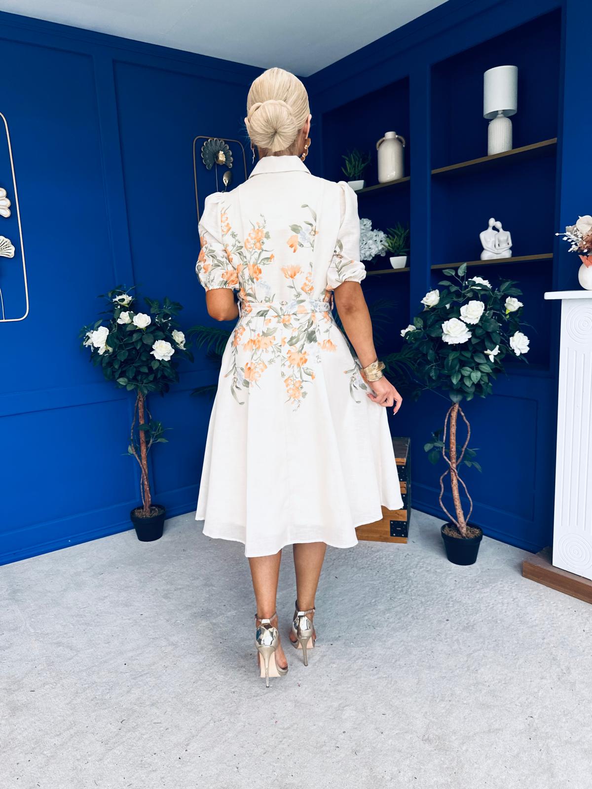 Renata Floral Boarder Print Print Midi Dress Cream