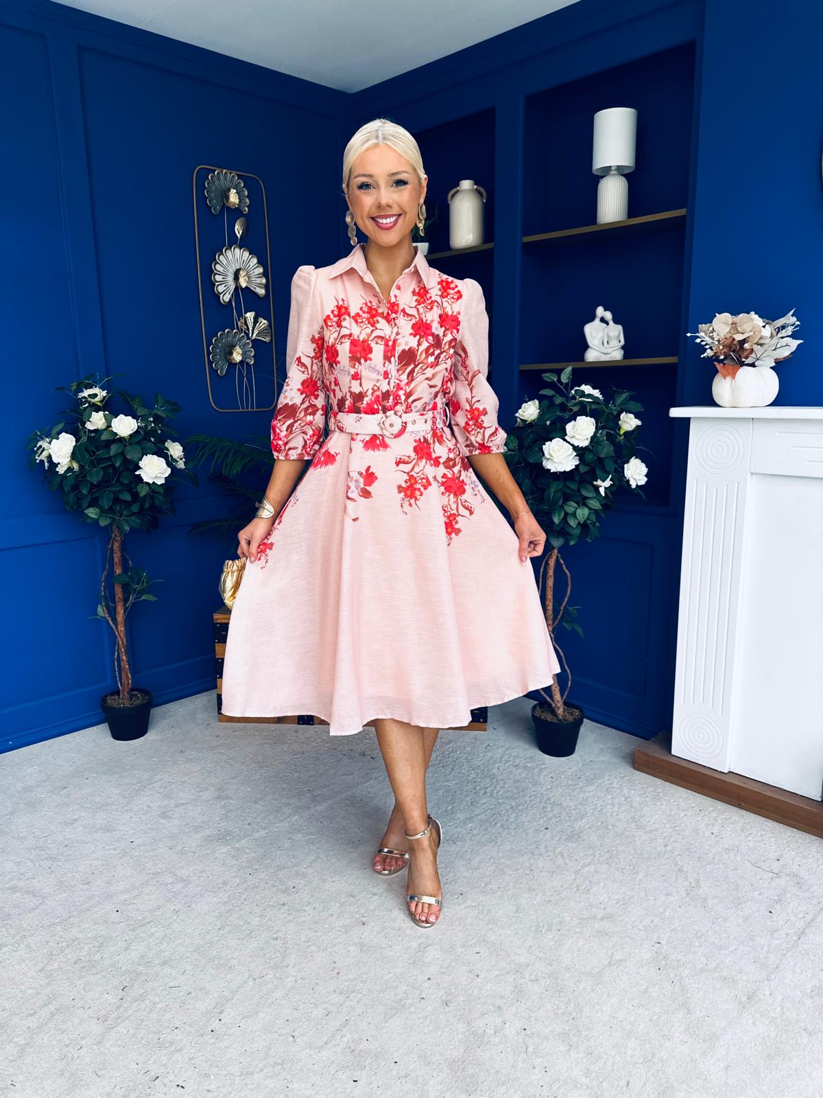 Renata Floral Boarder Print Print Midi Dress Pink