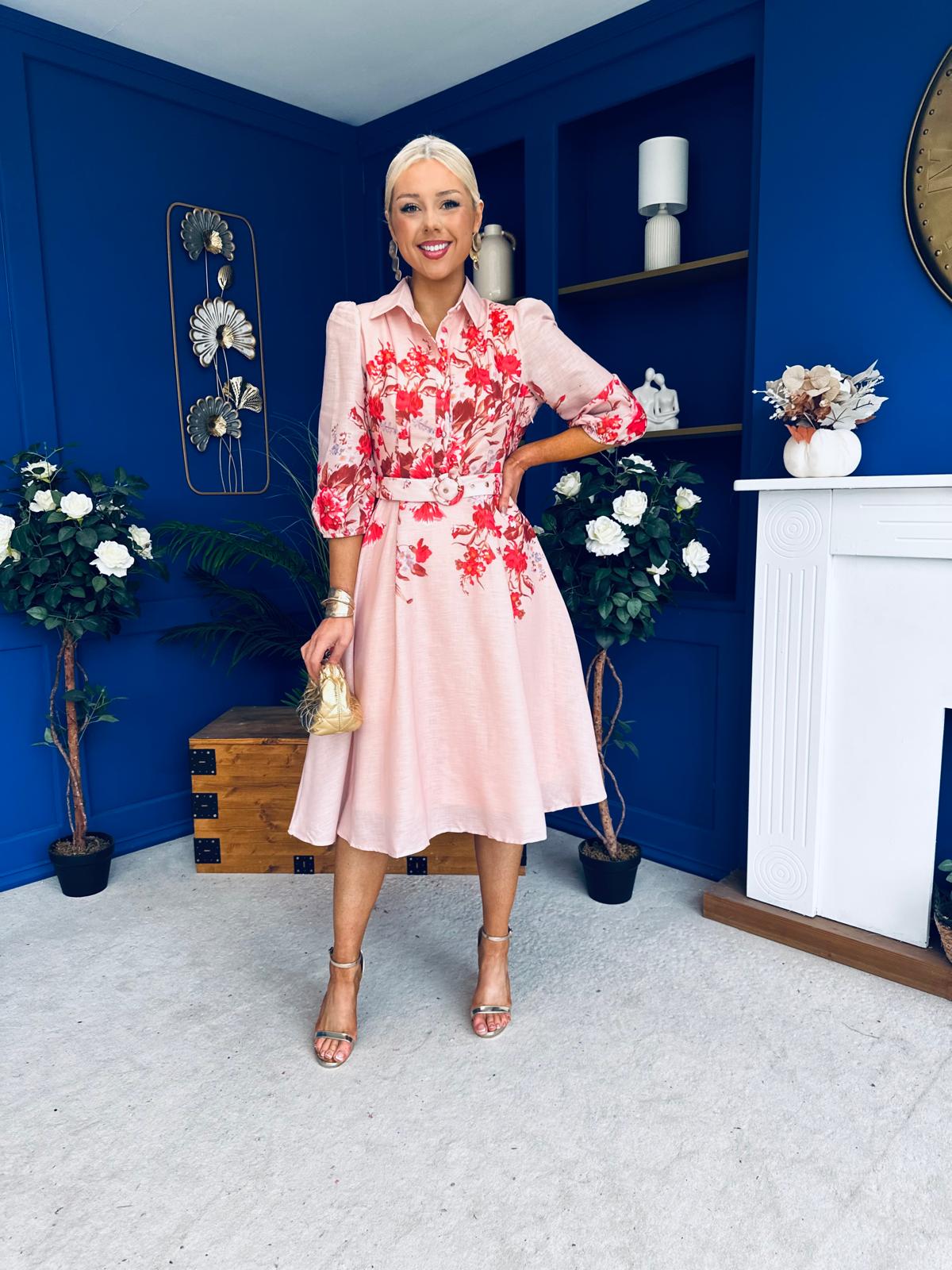 Renata Floral Boarder Print Print Midi Dress Pink
