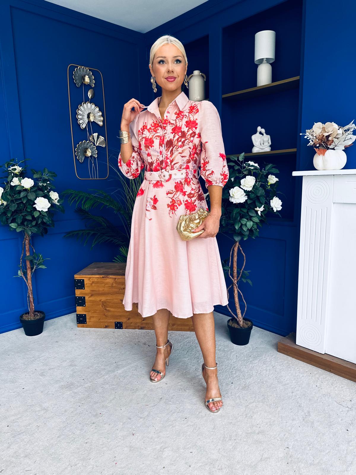 Renata Floral Boarder Print Print Midi Dress Pink