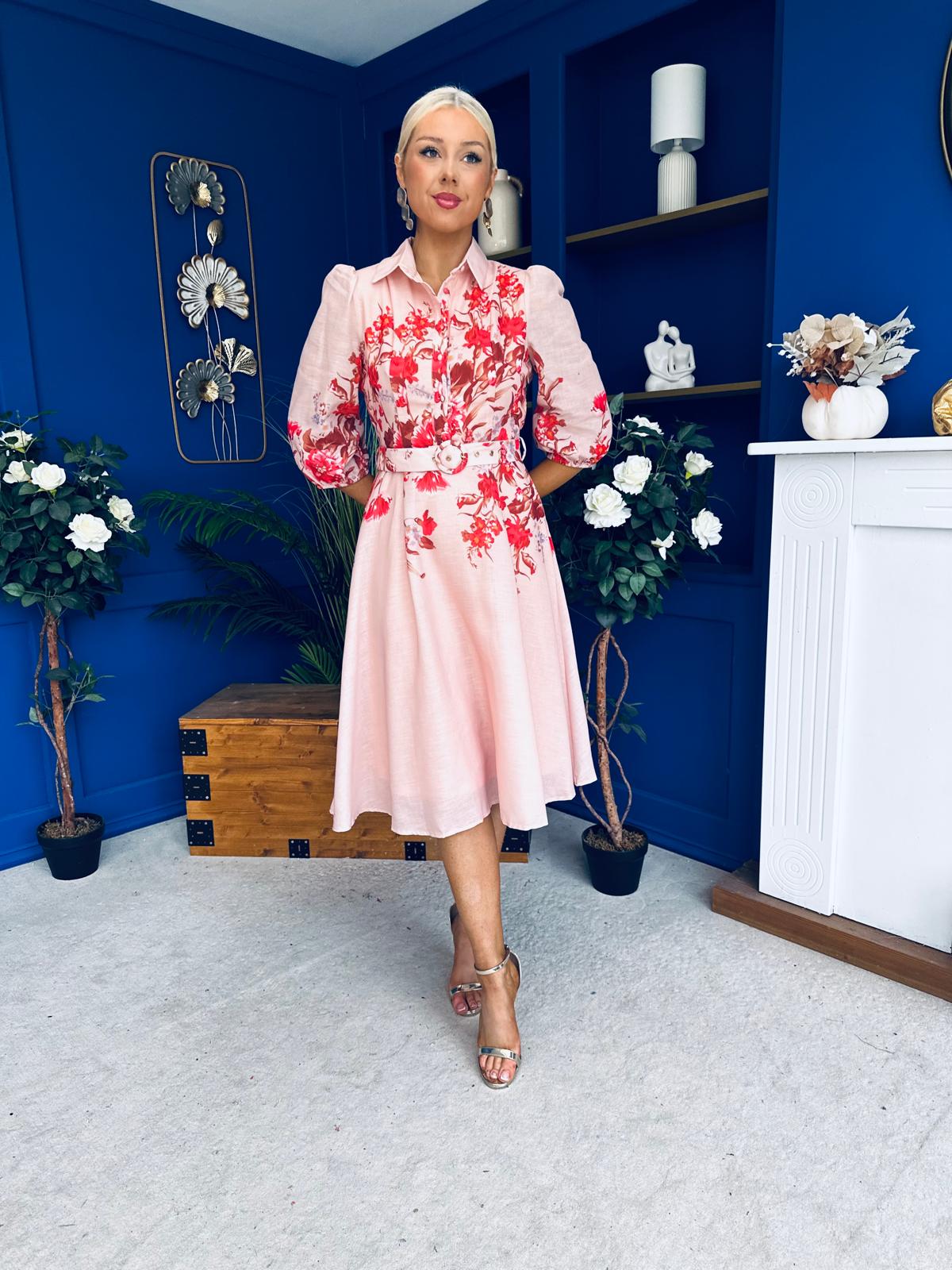 Renata Floral Boarder Print Print Midi Dress Pink