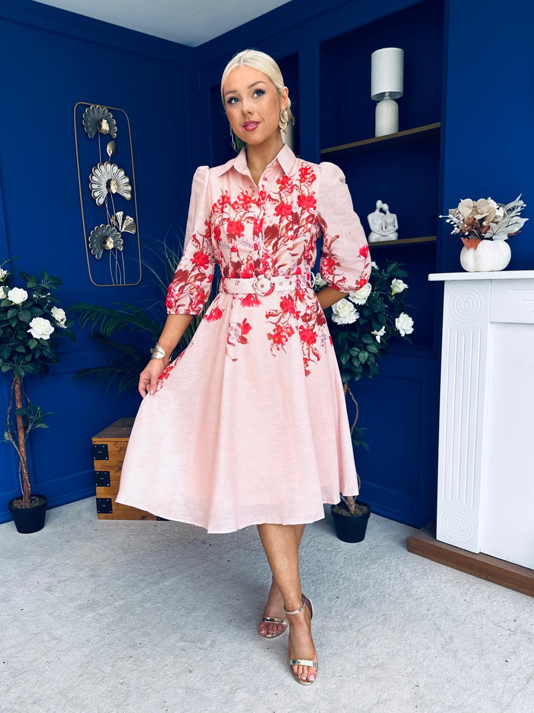 Renata Floral Boarder Print Print Midi Dress Pink