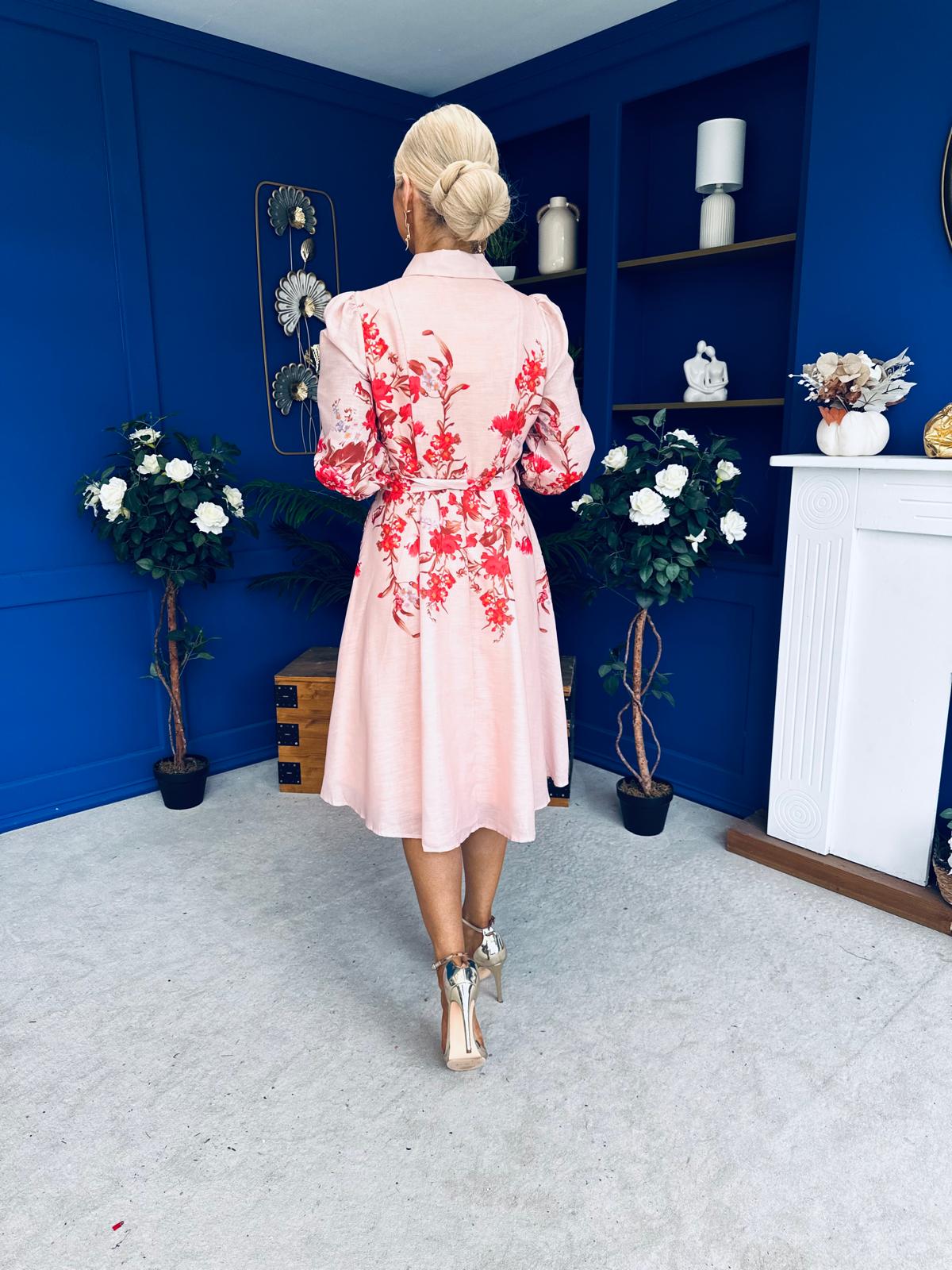 Renata Floral Boarder Print Print Midi Dress Pink