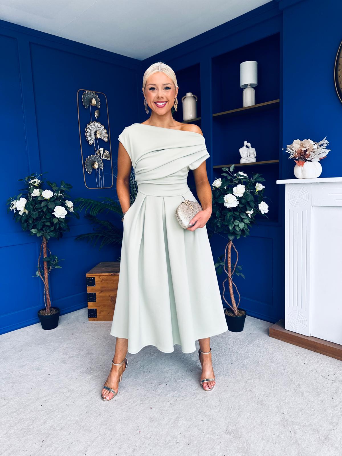 Breffy Asymmetric Neckline Skater Midi Sage – Canella Lane