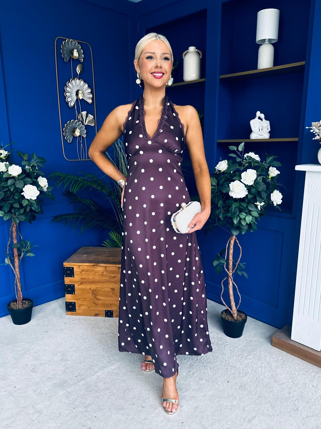 Georgie Lace Trim Halterneck Dress Polka Burgundy