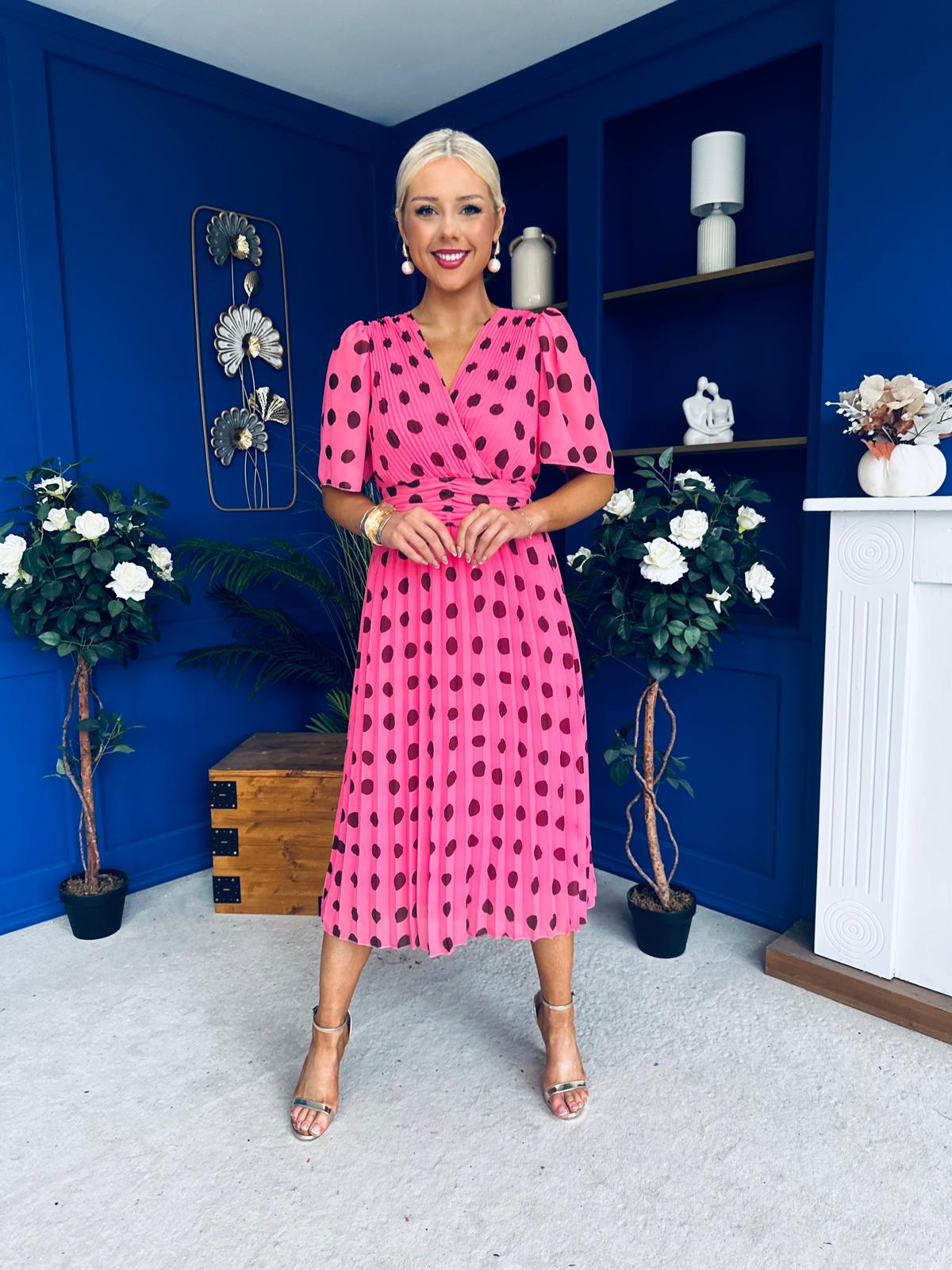 Daire Pleated Midi Dress Polka Pink