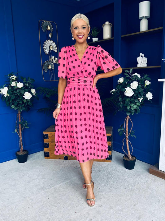 Daire Pleated Midi Dress Polka Pink