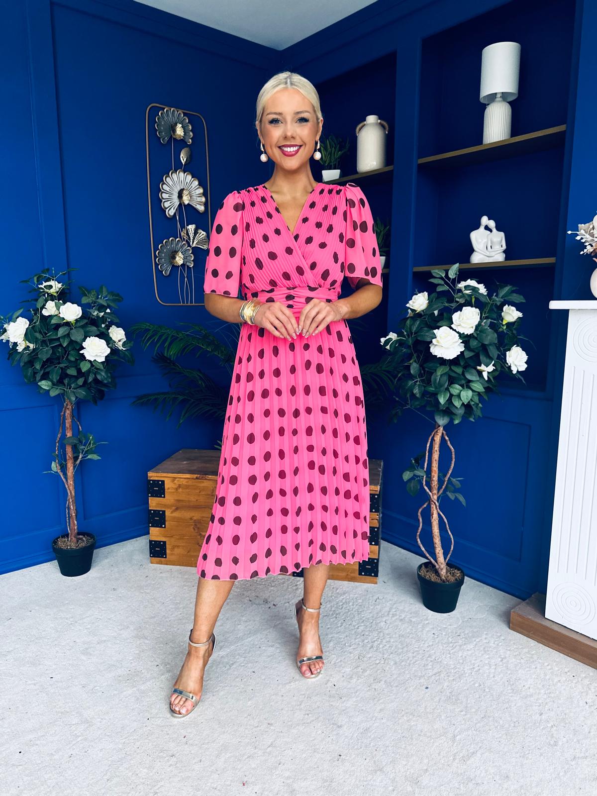Daire Pleated Midi Dress Polka Pink