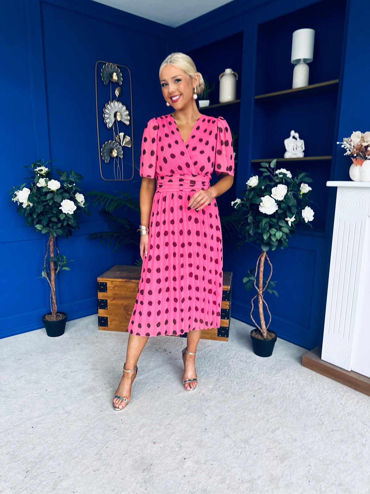 Daire Pleated Midi Dress Polka Pink