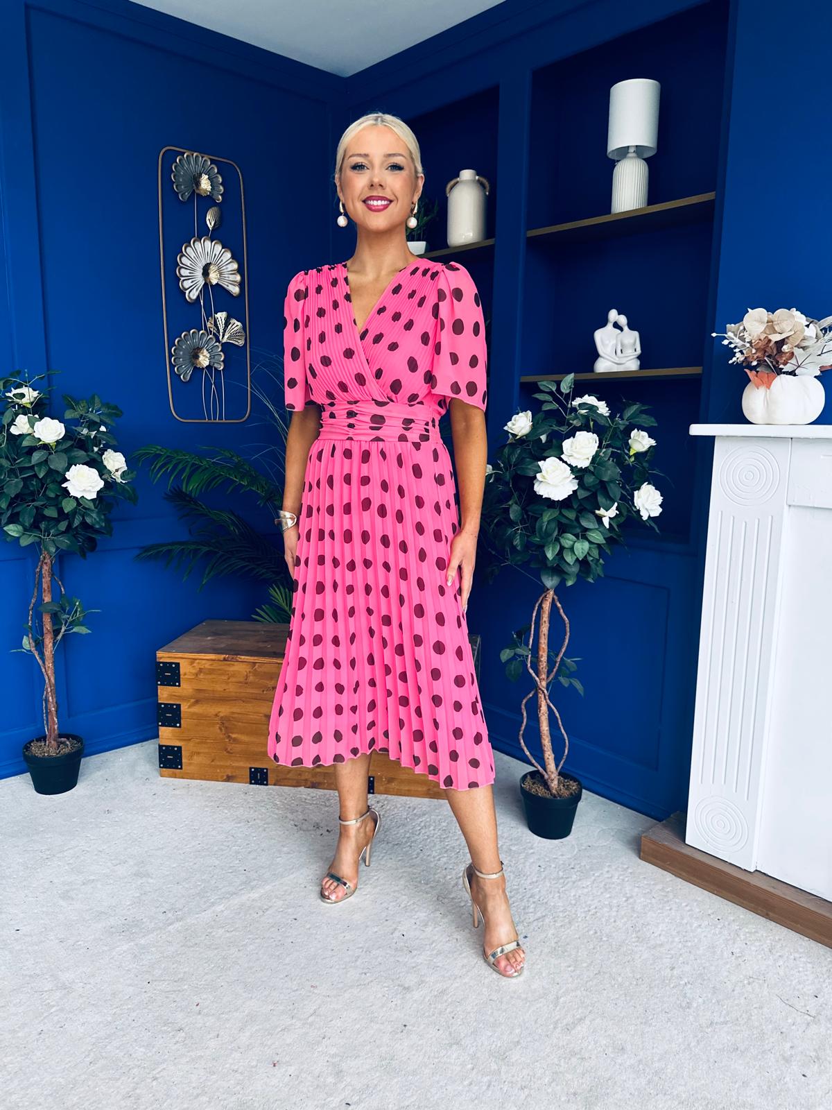 Daire Pleated Midi Dress Polka Pink