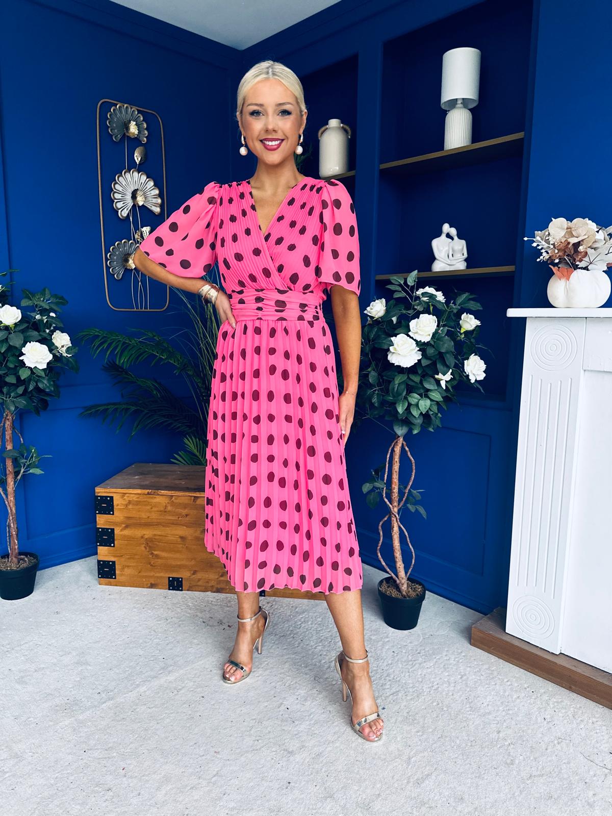 Daire Pleated Midi Dress Polka Pink