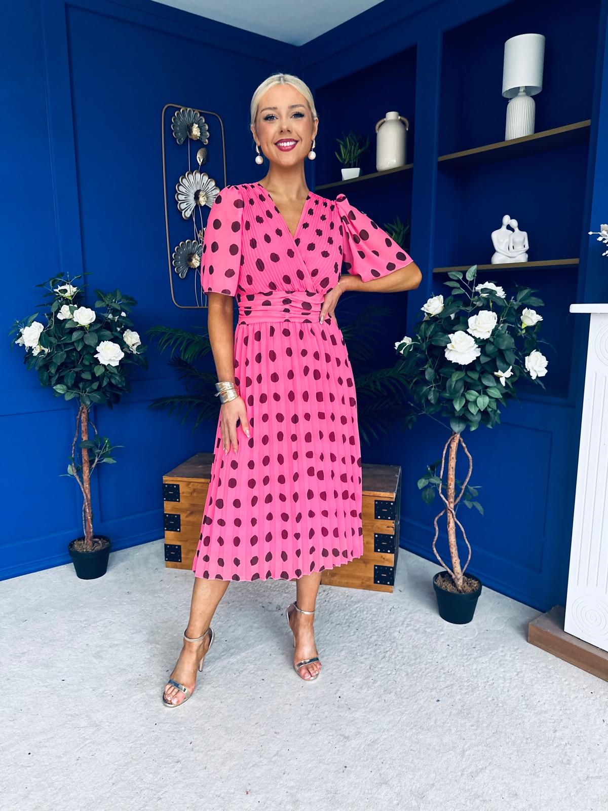 Daire Pleated Midi Dress Polka Pink