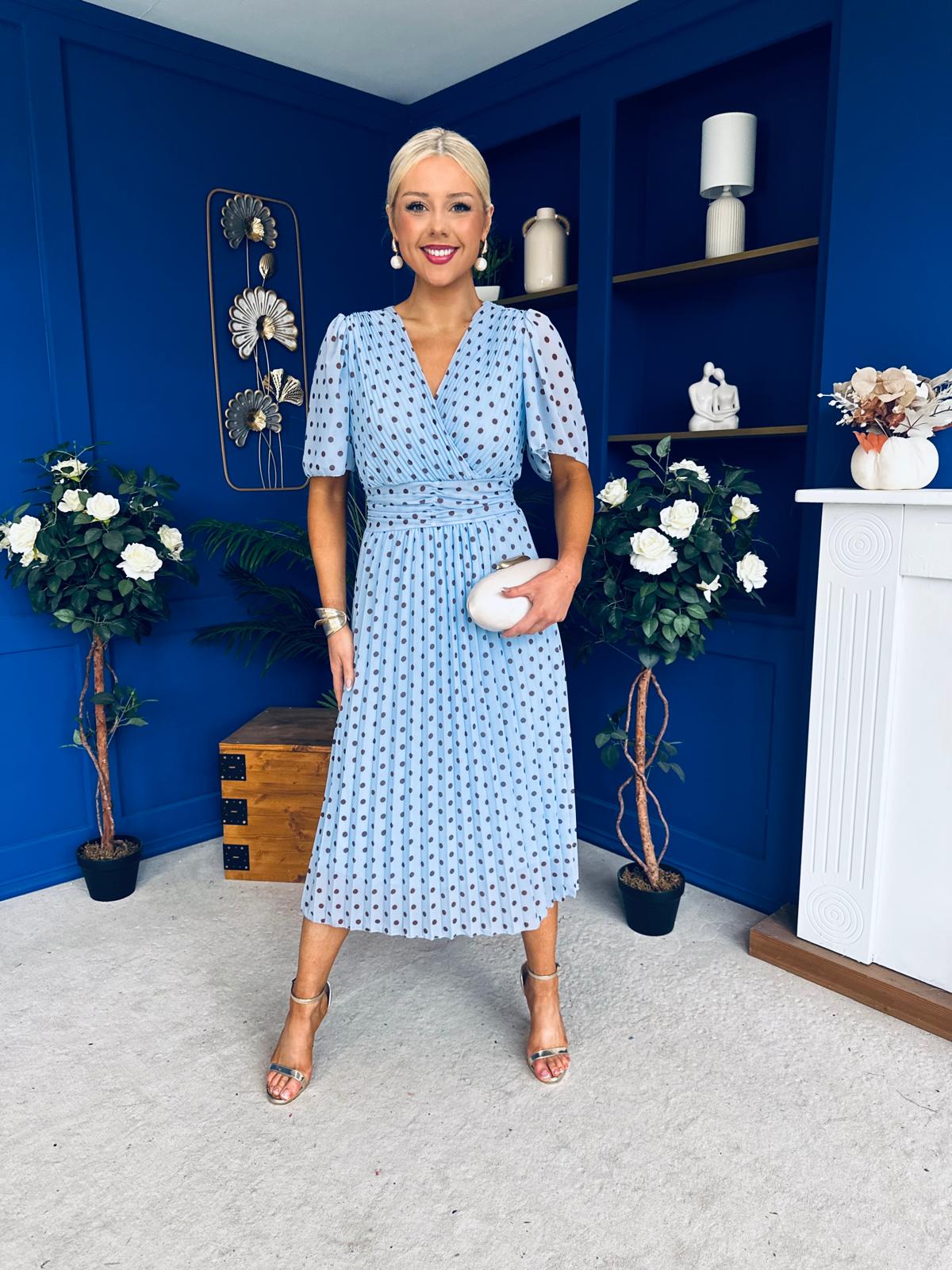 Daire Pleated Midi Dress Polka Blue