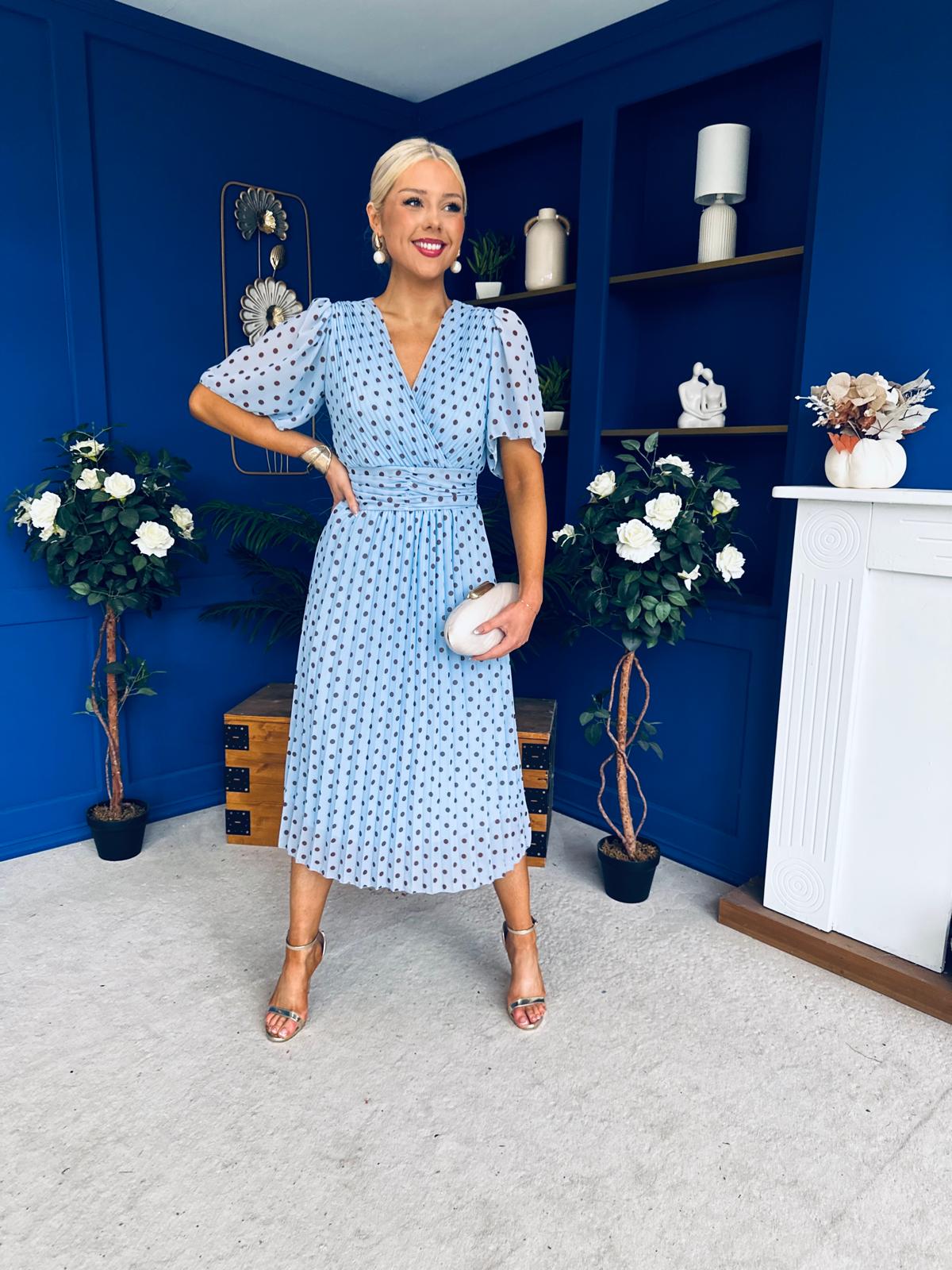 Daire Pleated Midi Dress Polka Blue