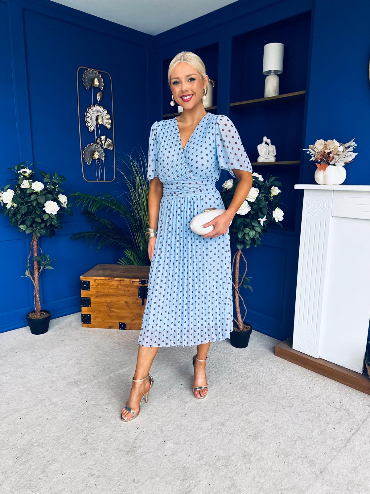 Daire Pleated Midi Dress Polka Blue