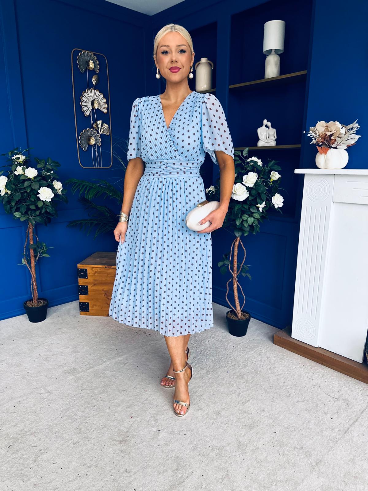 Daire Pleated Midi Dress Polka Blue