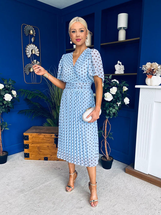 Daire Pleated Midi Dress Polka Blue