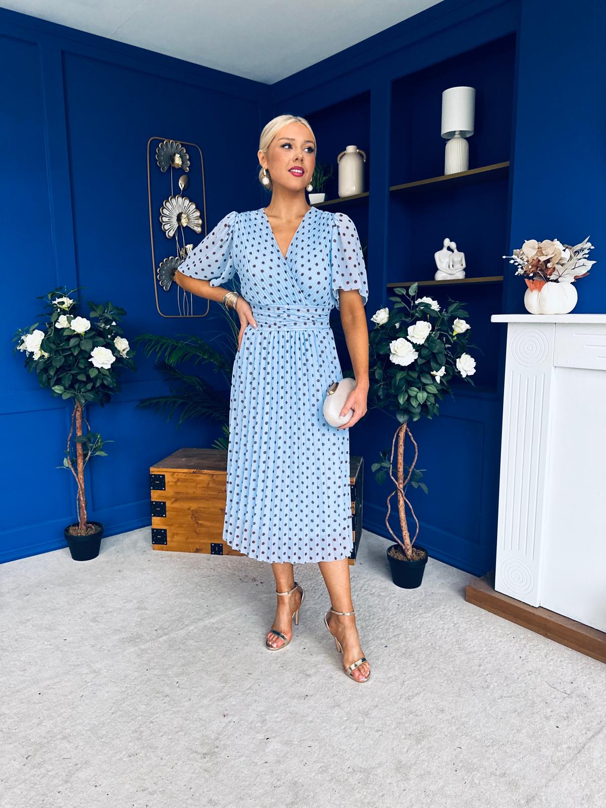 Daire Pleated Midi Dress Polka Blue