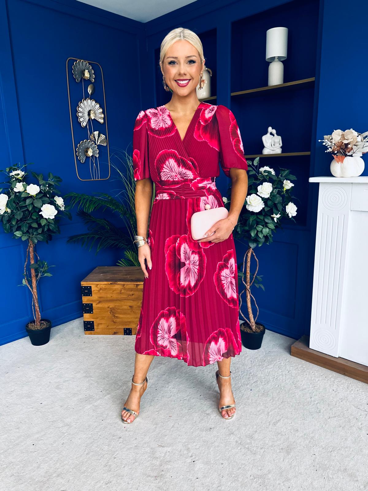 Daire Pleated Midi Dress Floral Ruby
