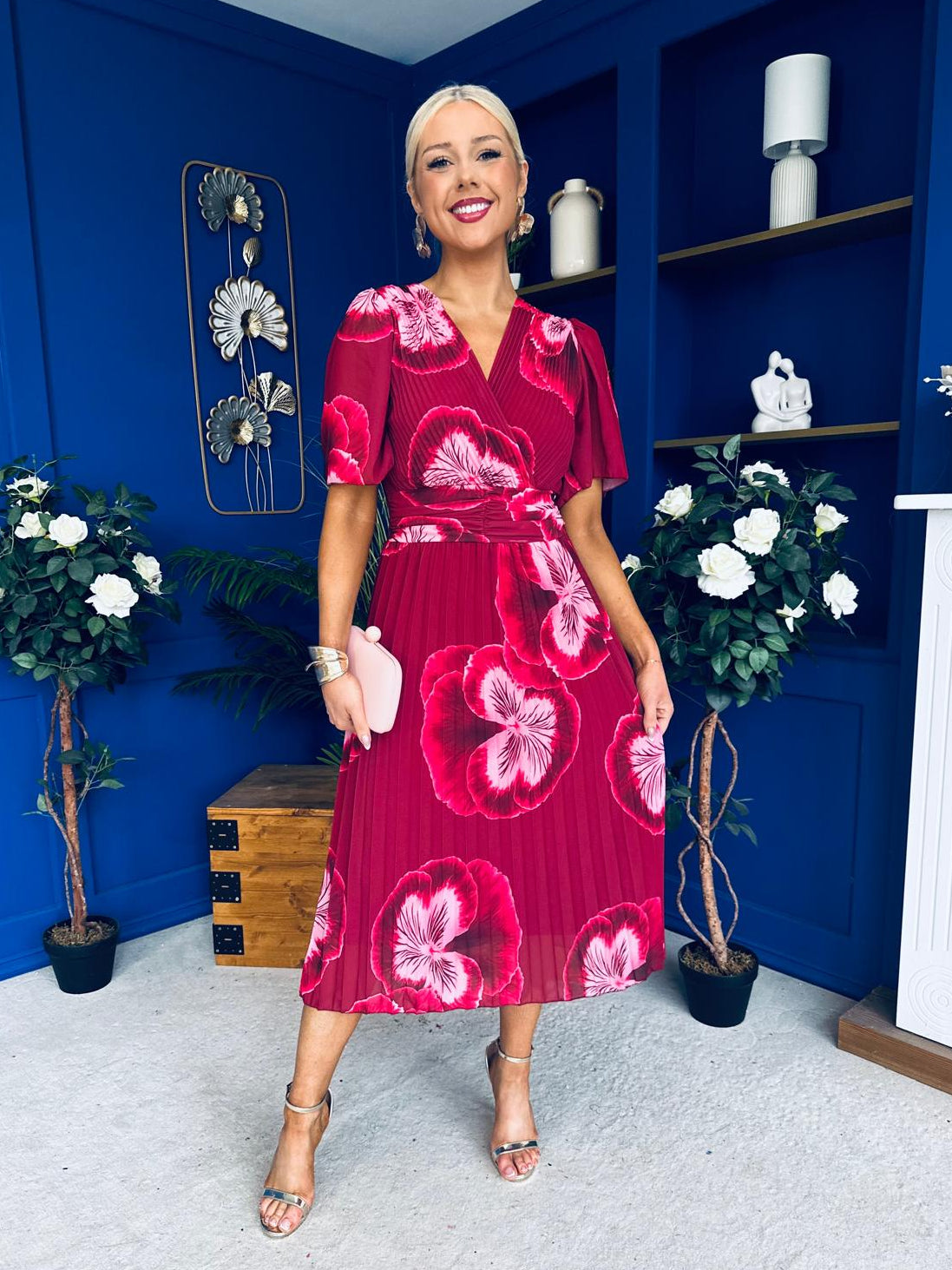 Daire Pleated Midi Dress Floral Ruby