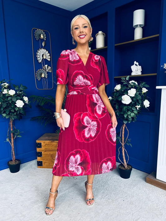Daire Pleated Midi Dress Floral Ruby