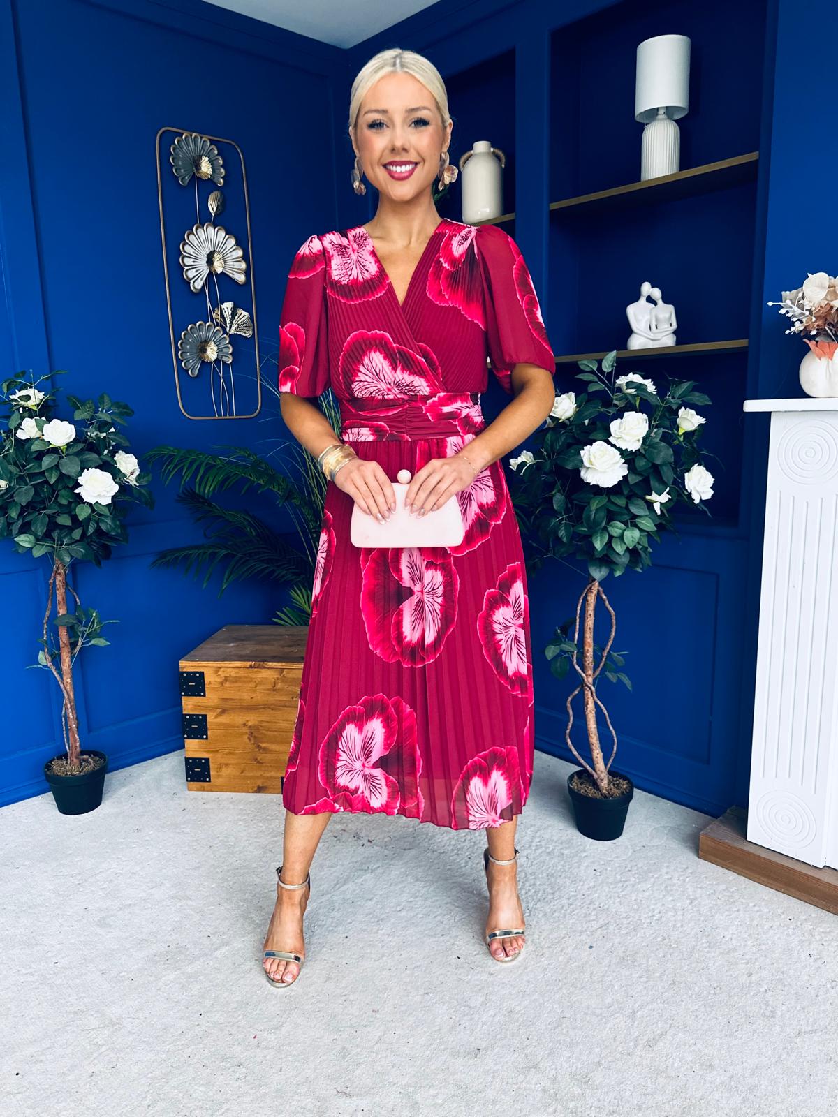 Daire Pleated Midi Dress Floral Ruby