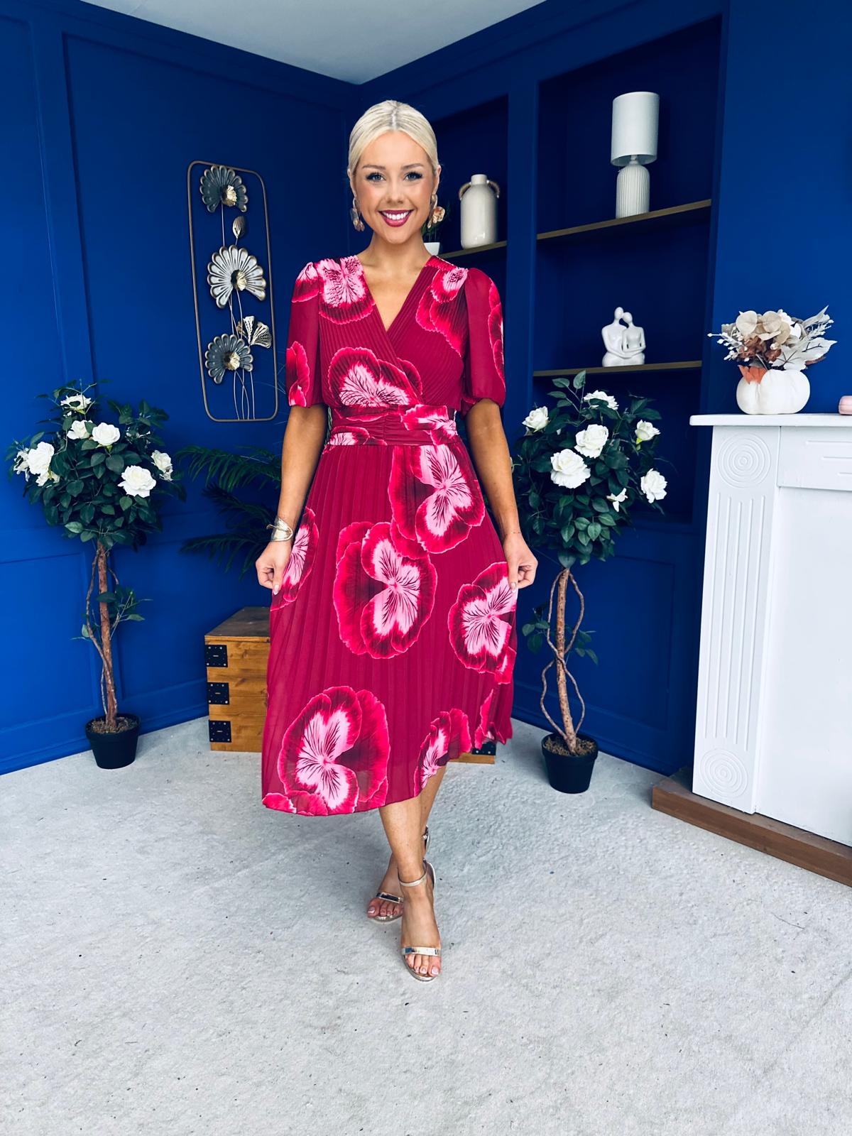Daire Pleated Midi Dress Floral Ruby