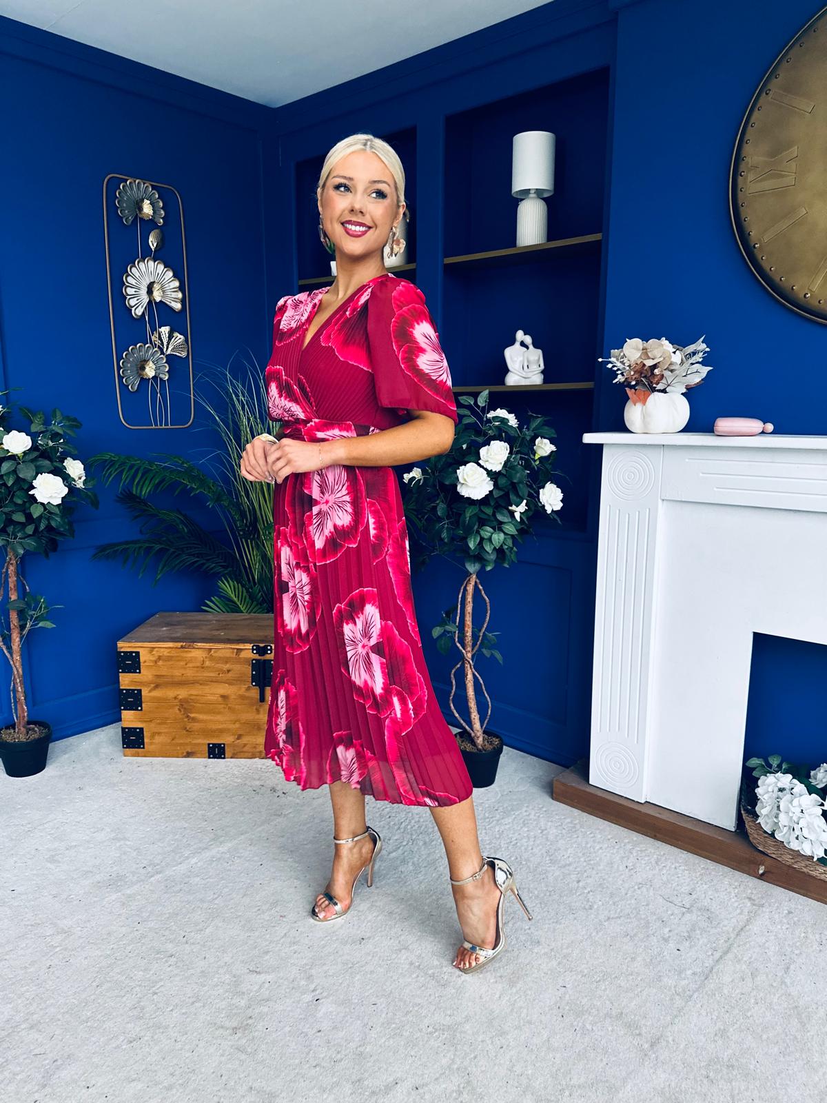 Daire Pleated Midi Dress Floral Ruby