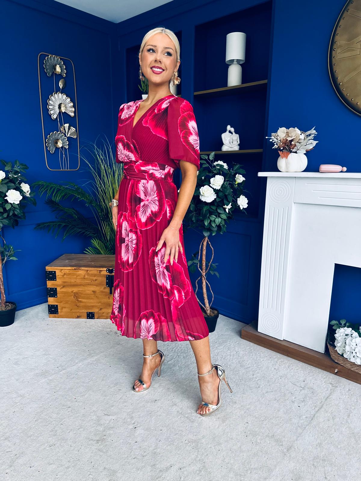 Daire Pleated Midi Dress Floral Ruby
