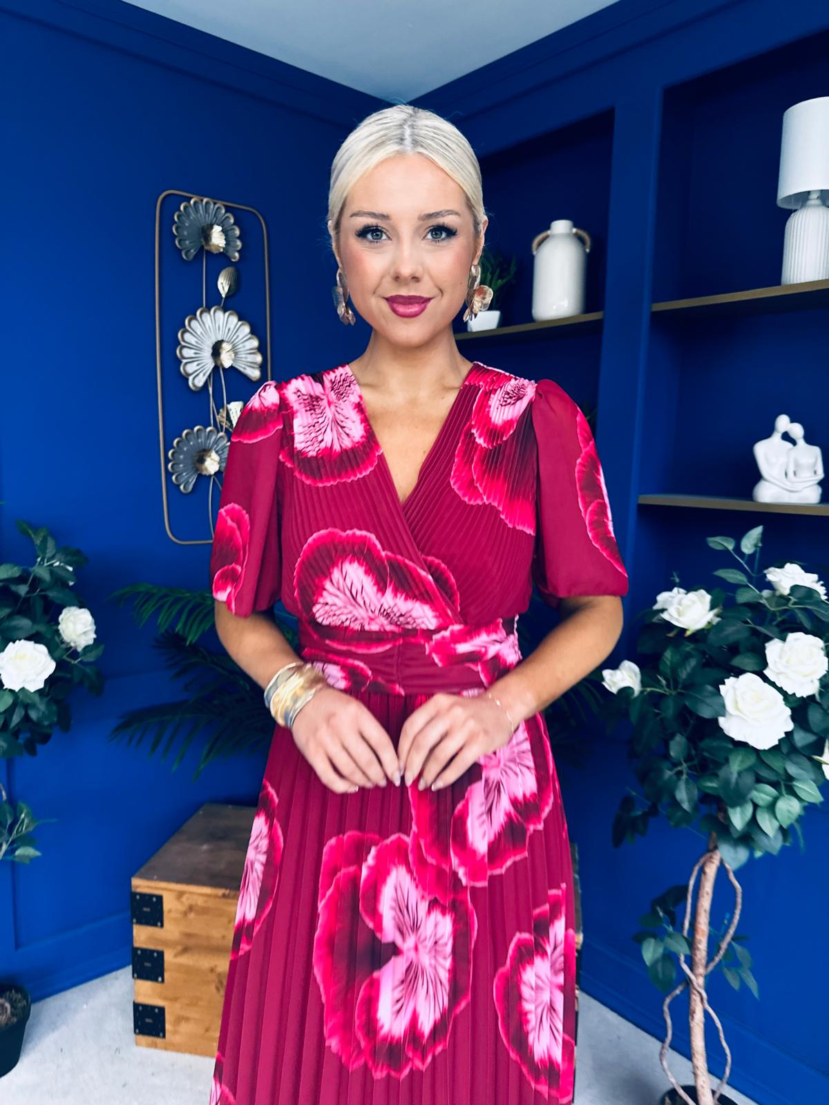 Daire Pleated Midi Dress Floral Ruby